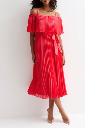 Pleated Bardot Midaxi Dress
